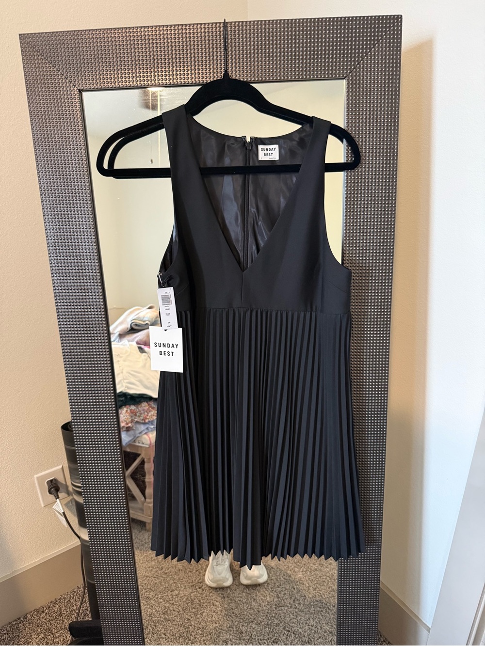 Aritzia Sunday Best Black Pleated V-Neck Mini Dress